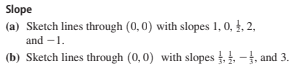 Slope
(a) Sketch lines through (0,0) with slopes 1, 0, 4, 2,
and -1.
(b) Sketch lines through (0, 0) with slopes -, and 3.
