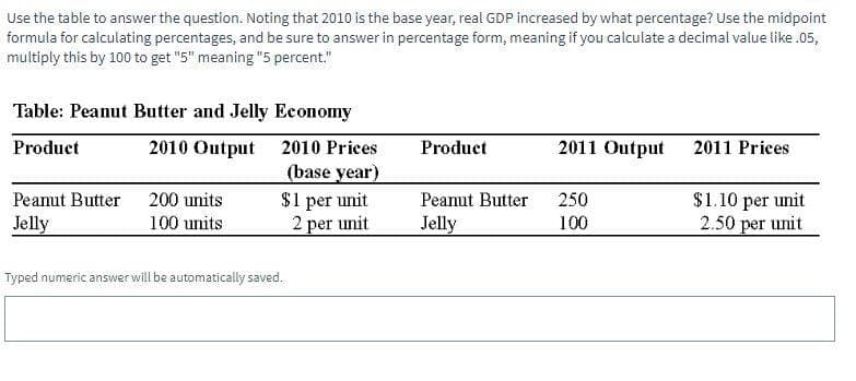 Use the table to answer the question. Noting that 2010 is the base year, real GDP increased by what percentage? Use the midpoint
formula for calculating percentages, and be sure to answer in percentage form, meaning if you calculate a decimal value like .05,
multiply this by 100 to get "5" meaning "5 percent."
Table: Peanut Butter and Jelly Economy
Product
2010 Output
2010 Prices
(base year)
$1 per unit
2 per unit
Peanut Butter
Jelly
200 units
100 units
Typed numeric answer will be automatically saved.
Product
Peanut Butter
Jelly
2011 Output
250
100
2011 Prices
$1.10 per unit
2.50 per unit