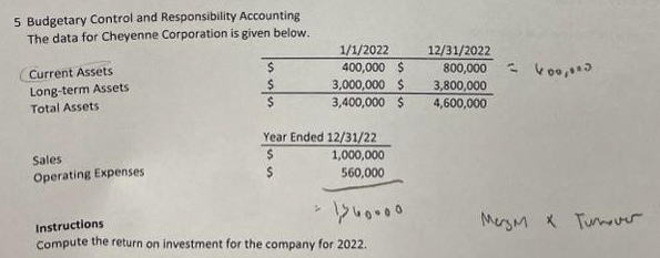 5 Budgetary Control and Responsibility Accounting
The data for Cheyenne Corporation is given below.
(Current Assets
Long-term Assets
Total Assets
Sales
Operating Expenses
$
$
1/1/2022
400,000 $
3,000,000 $
3,400,000 $
Year Ended 12/31/22
$
1,000,000
$
560,000
- 1260000
Instructions
Compute the return on investment for the company for 2022.
12/31/2022
800,00000,000
3,800,000
4,600,000
MergM X Turnover