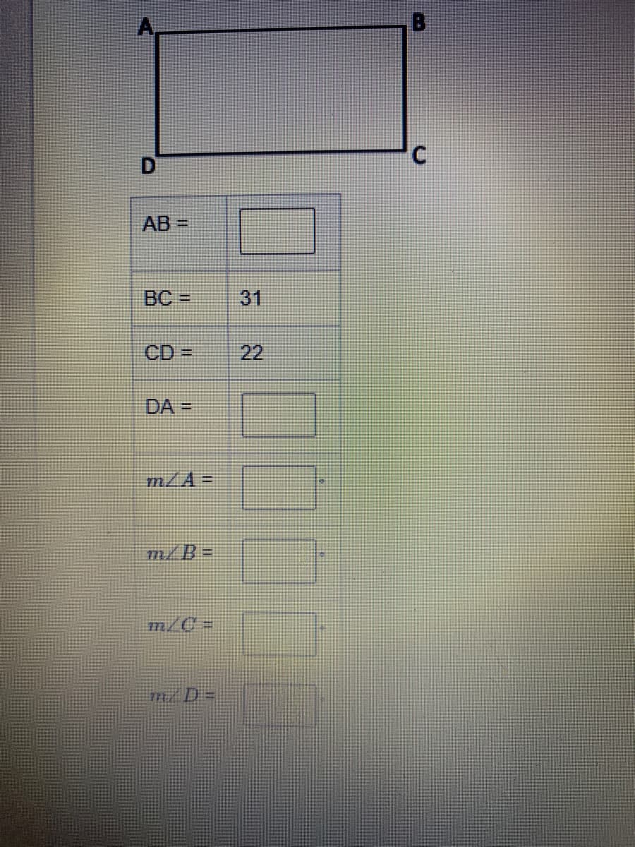 %3D
BC =
CD D
22
DA =
m/A=
m/B=
m/D%=
C.
31
