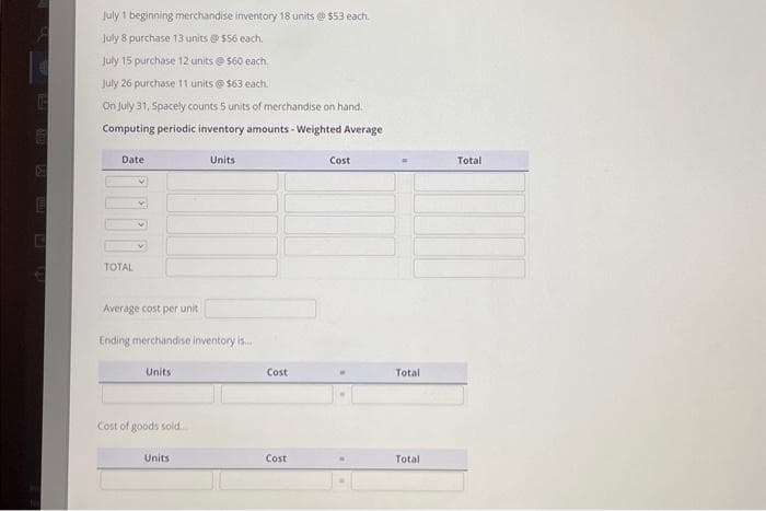 15
i
E
July 1 beginning merchandise inventory 18 units @ $53 each.
July 8 purchase 13 units @ $56 each.
July 15 purchase 12 units @ $60 each.
July 26 purchase 11 units @ $63. each.
On July 31, Spacely counts 5 units of merchandise on hand.
Computing periodic inventory amounts - Weighted Average
Date
TOTAL
Average cost per unit
Ending merchandise inventory is....
Units
Cost of goods sold.
Units
Units
Cost
Cost
Cost
Total
Total
Total