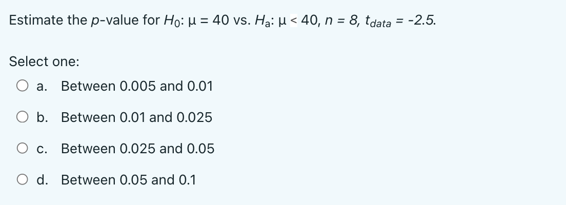 Estimate the p-value for Ho: μ = 40 vs. Hạ: µ < 40, n = 8, tdata = -2.5.
Select one:
a. Between 0.005 and 0.01
b. Between 0.01 and 0.025
C. Between 0.025 and 0.05
d. Between 0.05 and 0.1