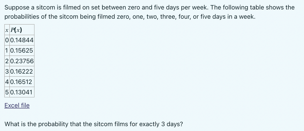 Suppose a sitcom is filmed on set between zero and five days per week. The following table shows the
probabilities of the sitcom being filmed zero, one, two, three, four, or five days in a week.
x P(x)
00.14844
10.15625
20.23756
30.16222
40.16512
50.13041
Excel file
What is the probability that the sitcom films for exactly 3 days?