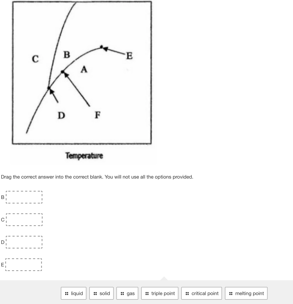 A
D F
Temperature
Drag the correct answer into the correct blank. You will not use all the options provided.
B
D:
E
: liquid
:: solid
:: gas
: triple point
:: critical point
: melting point
