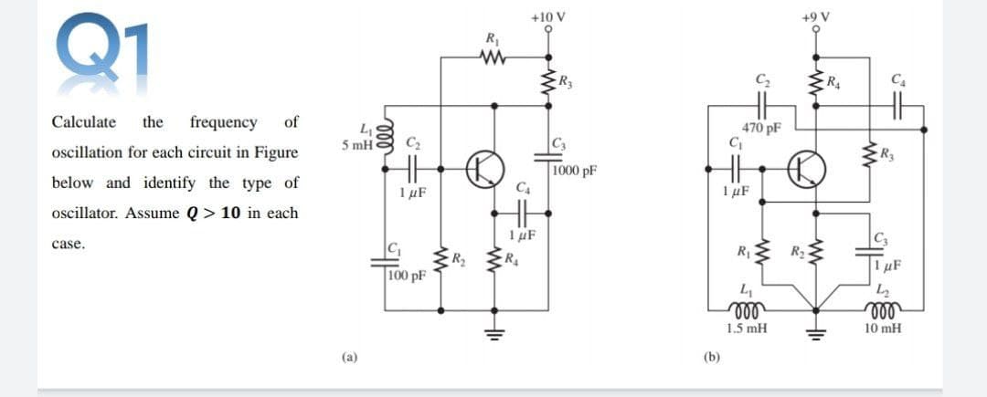 Q1
+10 V
+9 V
R1
R3
R4
C4
Calculate
the
frequency
of
470 pF
C
5 mH
C2
oscillation for each circuit in Figure
R3
1000 pF
below and identify the type of
1 µF
C.
1 µF
oscillator. Assume Q > 10 in each
1 µF
C3
case,
R2
100 pF
R4
1 µF
ll
1.5 mH
ll
10 mH
(a)
(b)
