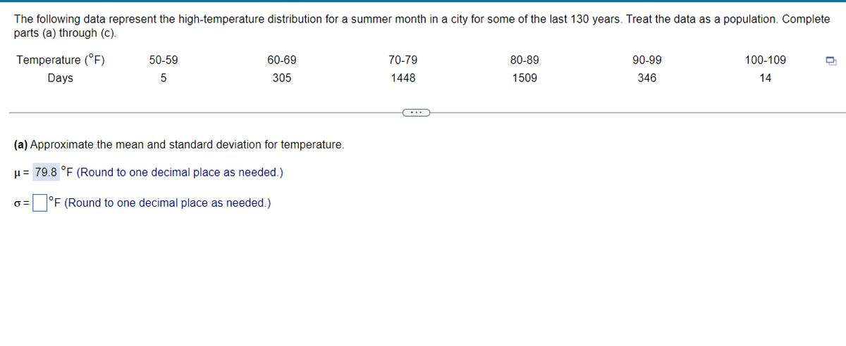 The following data represent the high-temperature distribution for a summer month in a city for some of the last 130 years. Treat the data as a population. Complete
parts (a) through (c).
Temperature (°F)
50-59
60-69
70-79
80-89
90-99
100-109
Days
305
1448
1509
346
14
(a) Approximate the mean and standard deviation for temperature.
µ= 79.8 °F (Round to one decimal place as needed.)
|°F (Round to one decimal place as needed.)
