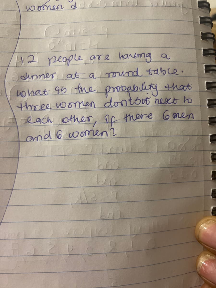 women doo
Come 4
2014
112 people are having a
durmer at a round table.
what is the probability that
three women don't sit next to
each other, if there Goen
and 6 women?
Loe
bog