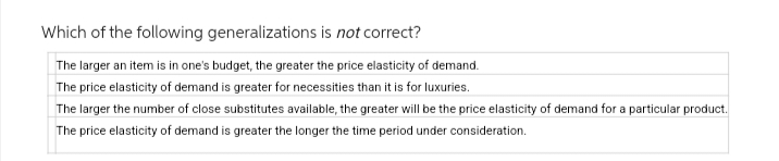 Which of the following generalizations is not correct?
The larger an item is in one's budget, the greater the price elasticity of demand.
The price elasticity of demand is greater for necessities than it is for luxuries.
The larger the number of close substitutes available, the greater will be the price elasticity of demand for a particular product.
The price elasticity of demand is greater the longer the time period under consideration.