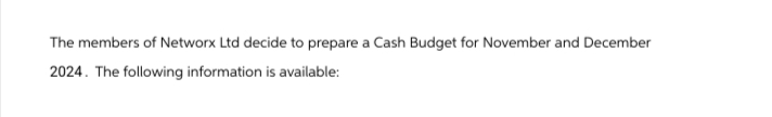 The members of Networx Ltd decide to prepare a Cash Budget for November and December
2024. The following information is available: