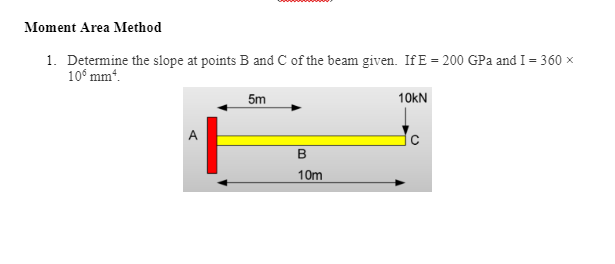 Moment Area Method
1. Determine the slope at points B and C of the beam given. If E = 200 GPa and I = 360 x
10° mm“.
5m
10kN
10m
