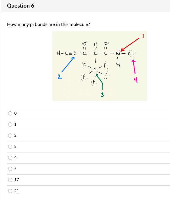 Question 6
How many pi bonds are in this molecule?
H- CEC -C - c -C
2
:F:
3
3
4
17
:2 - I
...
21
2.
