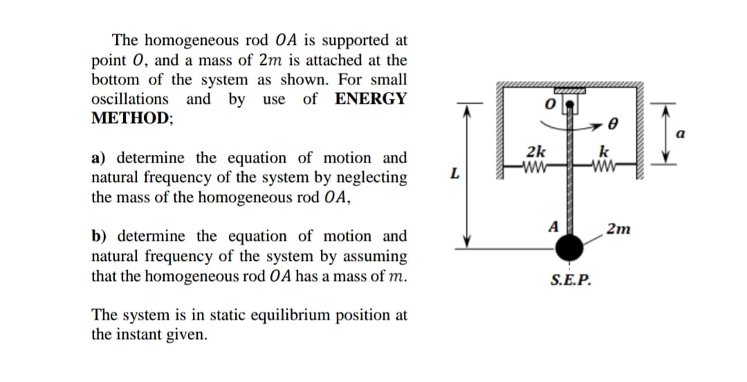 The homogeneous rod OA is supported at
point 0, and a mass of 2m is attached at the
bottom of the system as shown. For small
oscillations
МЕТНOD;
and by use
of ENERGY
2k
ww
k
a) determine the equation of motion and
natural frequency of the system by neglecting
the mass of the homogeneous rod OA,
L
A
2m
b) determine the equation of motion and
natural frequency of the system by assuming
that the homogeneous rod OA has a mass of m.
S.E.P.
The system is in static equilibrium position at
the instant given.
