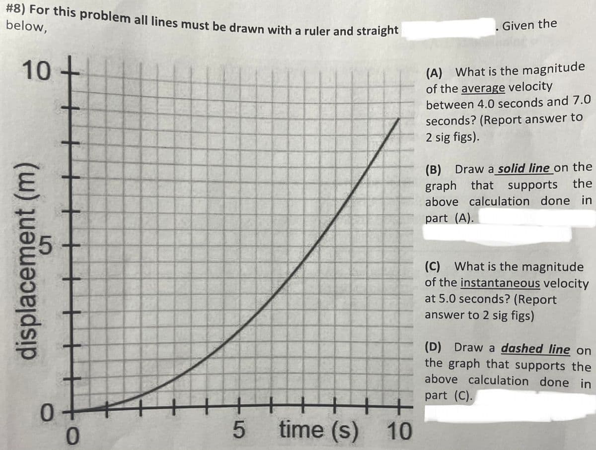 #8) For this problem all lines must be drawn with a ruler and straight
below,
10
displacement (m)
0
+
0
5
time (s) 10
. Given the
(A) What is the magnitude
of the average velocity
between 4.0 seconds and 7.0
seconds? (Report answer to
2 sig figs).
(B) Draw a solid line on the
graph that supports the
above calculation done in
part (A).
(C) What is the magnitude
of the instantaneous velocity
at 5.0 seconds? (Report
answer to 2 sig figs)
(D) Draw a dashed line on
the graph that supports the
above calculation done in
part (C).