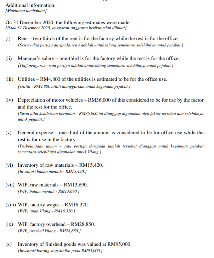 Additional information:
[Maklumat tambahan:]
On 31 December 2020, the following estimates were made:
[Pada 31 Disember 2020, anggaran-anggaran berikut telah dibuat:]
(i)
Rent – two-thirds of the rent is for the factory while the rest is for the office.
[Sewa - dua pertiga daripada sewa adalah untuk kilang sementara selebihnya untuk pejabat.]
(ii) Manager's salary – one-third is for the factory while the rest is for the office.
[Gaji pengurus - satu pertiga adalah untuk kilang sementara selebihnya untuk pejabat.]
(iii) Utilities – RM4,800 of the utilities is estimated to be for the office use.
[Utiliti - RM4,800 utiliti dianggarkan untuk kegunaan pejabat.]
(iv) Depreciation of motor vehicles – RM36,000 of this considered to be for use by the factor
and the rest for the office.
[Susut nilai kenderaan bermotor - RM36,000 ini dianggap digunakan oleh faktor tersebut dan selebihnya
untuk pejabat.]
(v) General expense – one-third of the amount is considered to be for office use while the
rest is for use in the factory.
[Perbelanjaan umum – satu pertiga daripada jumlah tersebut dianggap untuk kegunaan pejabat
sementara selebihnya digunakan untuk kilang.]
(vi) Inventory of raw materials – RM15,420.
[Inventori bahan mentah - RM15,420.]
(vii) WIP, raw materials – RM13,690.
(WIP, bahan mentah - RM13,690.]
(viii) WIP, factory wages – RM16,320.
(WIP, upah kilang - RM16,320.]
(ix) WIP, factory overhead – RM28,850.
(WIP, overhed kilang - RM28,850.]
(x) Inventory of finished goods was valued at RM95,000.
[Inventori barang siap dinilai pada RM95,000.]
