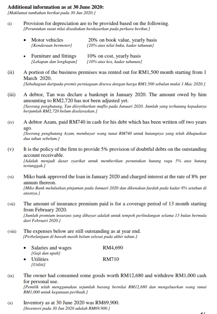 Additional information as at 30 June 2020:
[Maklumat tambahan berikut pada 30 Jun 2020:]
Provision for depreciation are to be provided based on the following.
[Peruntukan susut nilai disediakan berdasarkan pada perkara berikut.]
(i)
Motor vehicles
20% on book value, yearly basis
[20% atas nilai buku, kadar tahunan]
[Kenderaan bermotor]
Furniture and fittings
10% on cost, yearly basis
[10% atas kos, kadar tahunan]
[Lekapan dan lengkapan]
A portion of the business premises was rented out for RM1,500 month starting from 1
March 2020.
(ii)
[Sebahagian daripada premis perniagaan disewa dengan harga RM1,500 sebulan mulai 1 Mac 2020.]
A debtor, Tan was declare a bankrupt in January 2020. The amount owed by him
amounting to RM2,720 has not been adjusted yet.
(Seorang penghutang, Tan diisytiharkan muflis pada Januari 2020. Jumlah yang terhutang kepadanya
berjumlah RM2,720 belum diselaraskan.]
(iii)
(iv)
A debtor Azam, paid RM740 in cash for his debt which has been written off two years
ago.
[Seorang penghutang Azam, membayar wang tunai RM740 untuk hutangnya yang telah dihapuskan
dua tahun sebelum.]
(v)
It is the policy of the firm to provide 5% provision of doubtful debts on the outstanding
account receivable.
(Adalah menjadi dasar syarikat untuk memberikan peruntukan hutang ragu 5% atas hutang
tertunggak.]
Miko bank approved the loan in January 2020 and charged interest at the rate of 8% per
annum thereon.
[Miko Bank meluluskan pinjaman pada Januari 2020 dan dikenakan faedah pada kadar 8% setahun di
atasnya.]
(vi)
The amount of insurance premium paid is for a coverage period of 13 month starting
from February 2020.
(Jumlah premium insurans yang dibayar adalah untuk tempoh perlindungan selama 13 bulan bermula
dari Februari 2020.)
(vii)
The expenses below are still outstanding as at year end.
[Perbelanjaan di bawah masih belum selesai pada akhir tahun.]
(viii)
Salaries and wages
[Gaji dan upah)
Utilities
[Utiliti]
RM4,690
RM710
The owner had consumed some goods worth RM12,680 and withdrew RM1,000 cash
for personal use.
[Pemilik telah menggunakan sejumlah barang bernilai RM12,680 dan mengeluarkan wang tunai
RM1,000 untuk kegunaan peribadi.)
(ix)
Inventory as at 30 June 2020 was RM69,900.
[Inventori pada 30 Jun 2020 adalah RM69,900.]
(х)
