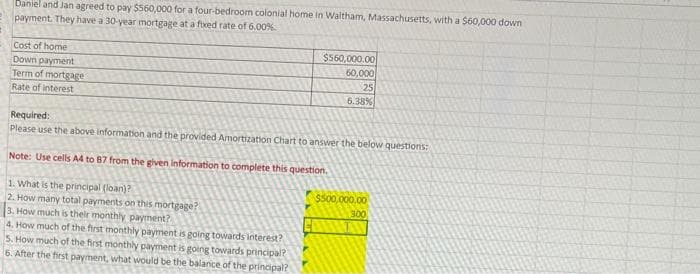 Daniel and Jan agreed to pay $560,000 for a four-bedroom colonial home in Waltham, Massachusetts, with a $60,000 down
payment. They have a 30-year mortgage at a fixed rate of 6.00%
Cost of home
Down payment
Term of mortgage
Rate of interest
$560,000.00
60,000
25
6.38%
Required:
Please use the above information and the provided Amortization Chart to answer the below questions:
Note: Use cells A4 to 87 from the given information to complete this question.
1. What is the principal (loan)?
2. How many total payments on this mortgage?
3. How much is their monthly payment?
4. How much of the first monthly payment is going towards interest?
5. How much of the first monthly payment is going towards principal?
6. After the first payment, what would be the balance of the principal?
$500,000.00
300