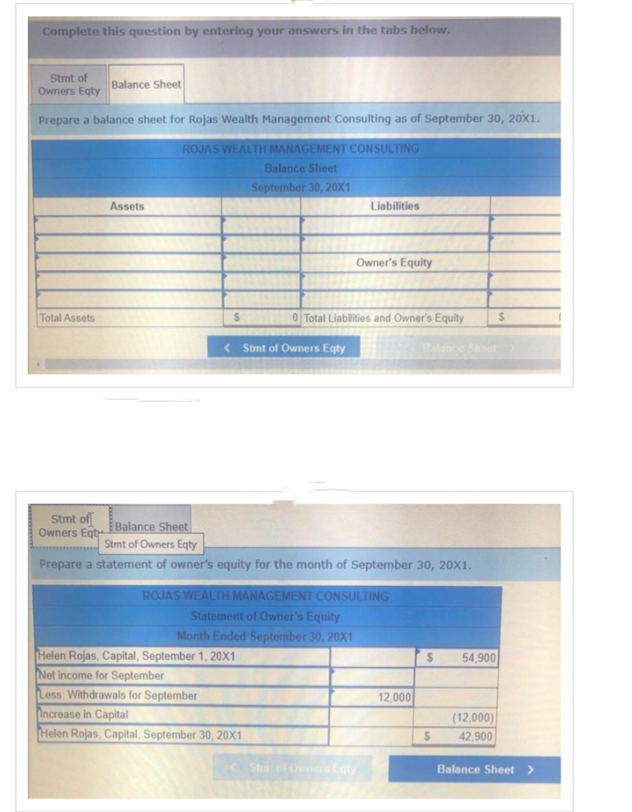 Complete this question by entering your answers in the tabs below.
Stmt of
Owners Eqty
Prepare a balance sheet for Rojas Wealth Management Consulting as of September 30, 20X1.
ROJAS WEALTH MANAGEMENT CONSULTING
Balance Sheet
September 30, 20X1
Total Assets
Stmt of
Owners Eqt
Balance Sheet
Assets
$
<Stmt of Owners Eqty
Helen Rojas, Capital, September 1, 20X1
Net income for September
Less: Withdrawals for September
Liabilities
0 Total Liabilities and Owner's Equity
Increase in Capital
Helen Rojas, Capital, September 30, 20X1
Owner's Equity
Balance Sheet
Stmt of Owners Eqty
Prepare a statement of owner's equity for the month of September 30, 20X1.
ROJAS WEALTH MANAGEMENT CONSULTING
Statement of Owner's Equity
Month Ended September 30, 20X1
Stunt of Owners Eqty
12,000
Balance Sheet >
$ 54,900
$
S
(12,000)
42,900
Balance Sheet >