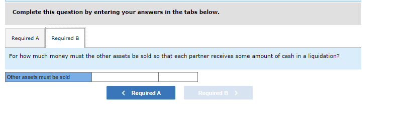 Complete this question by entering your answers in the tabs below.
Required A Required B
For how much money must the other assets be sold so that each partner receives some amount of cash in a liquidation?
Other assets must be sold
< Required A
Required B >