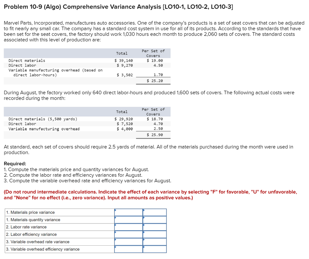 Problem 10-9 (Algo) Comprehensive Variance Analysis [LO10-1, LO10-2, LO10-3]
Marvel Parts, Incorporated, manufactures auto accessories. One of the company's products is a set of seat covers that can be adjusted
to fit nearly any small car. The company has a standard cost system in use for all of its products. According to the standards that have
been set for the seat covers, the factory should work 1,030 hours each month to produce 2,060 sets of covers. The standard costs
associated with this level of production are:
Direct materials
Direct labor
Variable manufacturing overhead (based on
direct labor-hours)
Direct materials (5,500 yards)
Direct labor
Variable manufacturing overhead
Total
$ 39,140
$ 9,270
$ 3,502
During August, the factory worked only 640 direct labor-hours and produced 1,600 sets of covers. The following actual costs were
recorded during the month:
Per Set of
Covers
$19.00
4.50
Total
$ 29,920
$ 7,520
$4,000
1. Materials price variance
1. Materials quantity variance
2. Labor rate variance
1.70
$ 25.20
2. Labor efficiency variance
3. Variable overhead rate variance
3. Variable overhead efficiency variance
Per Set of
Covers
$18.70
At standard, each set of covers should require 2.5 yards of material. All of the materials purchased during the month were used in
production.
4.70
2.50
$25.90
Required:
1. Compute the materials price and quantity variances for August.
2. Compute the labor rate and efficiency
ances for August.
3. Compute the variable overhead rate and efficiency variances for August.
(Do not round intermediate calculations. Indicate the effect of each variance by selecting "F" for favorable, "U" for unfavorable,
and "None" for no effect (i.e., zero variance). Input all amounts as positive values.)