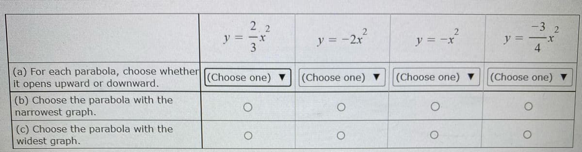 -3 2
y= -x
3
y = -2x
y = -x
y :
4.
(a) For each parabola, choose whether
it opens upward or downward.
(Choose one)
(Choose one) ▼
(Choose one) ▼
(Choose one) ▼
(b) Choose the parabola with the
narrowest graph.
(c) Choose the parabola with the
widest graph.
