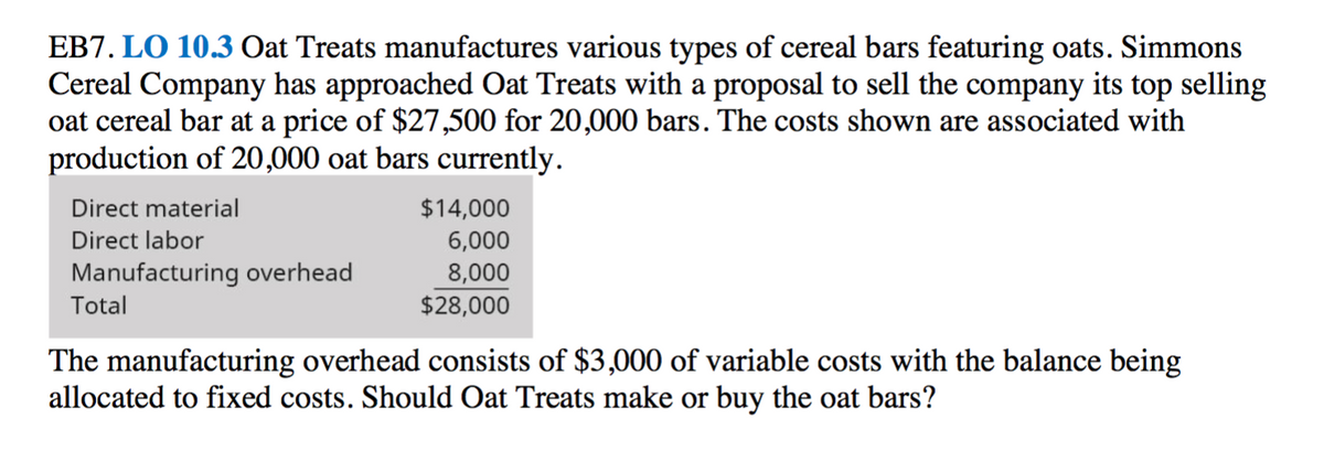 EB7. LO 10.3 Oat Treats manufactures various types of cereal bars featuring oats. Simmons
Cereal Company has approached Oat Treats with a proposal to sell the company its top selling
oat cereal bar at a price of $27,500 for 20,000 bars. The costs shown are associated with
production of 20,000 oat bars currently.
Direct material
$14,000
Direct labor
6,000
Manufacturing overhead
Total
8,000
$28,000
The manufacturing overhead consists of $3,000 of variable costs with the balance being
allocated to fixed costs. Should Oat Treats make or buy the oat bars?
