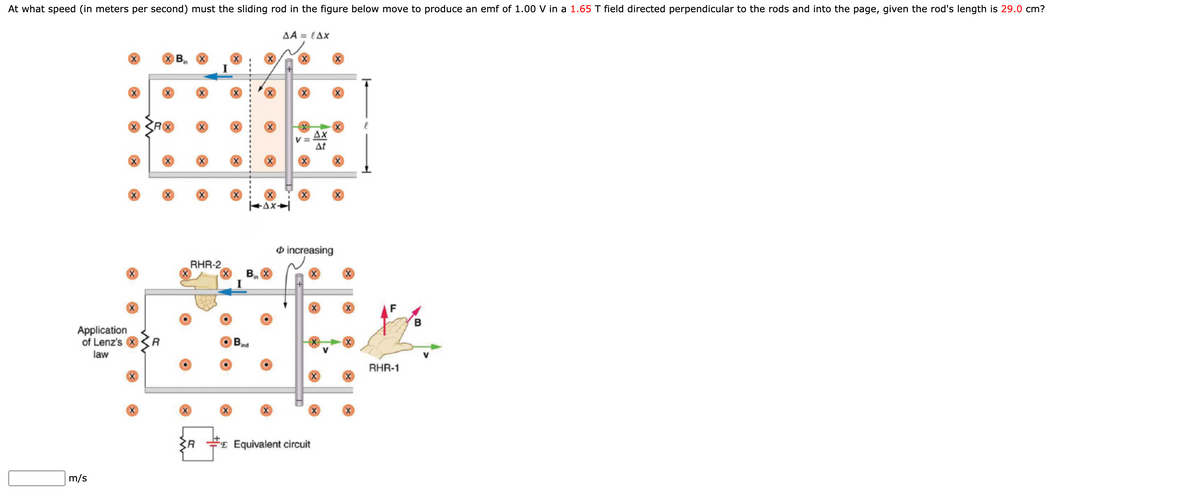 At what speed (in meters per second) must the sliding rod in the figure below move to produce an emf of 1.00 V in a 1.65 T field directed perpendicular to the rods and into the page, given the rod's length is 29.0 cm?
ΔΑ = {Δx
Application
of Lenz's
law
m/s
Bin
RHR-2
R
TAXI
Bind
in
ΔΧ
At
increasing
Equivalent circuit
X
RHR-1
B