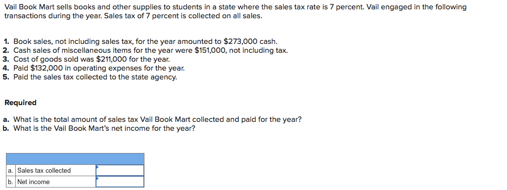 Vail Book Mart sells books and other supplies to students in a state where the sales tax rate is 7 percent. Vail engaged in the following
transactions during the year. Sales tax of 7 percent is collected on all sales.
1. Book sales, not including sales tax, for the year amounted to $273,000 cash.
2. Cash sales of miscellaneous items for the year were $151,000, not including tax.
3. Cost of goods sold was $211,000 for the year.
4. Paid $132,000 in operating expenses for the year.
5. Paid the sales tax collected to the state agency.
Required
a. What is the total amount of sales tax Vail Book Mart collected and paid for the year?
b. What is the Vail Book Mart's net income for the year?
a. Sales tax collected
b. Net income
