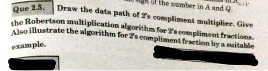 of the number in A and Q.
Que 2.5.
Also illustrate the algorithm for 2s compliment fraction by a suitable
she Robertson multiplication algorithm for 2's compliment fractions.
Draw the data path of 2s compliment multiplier. Give
example.
