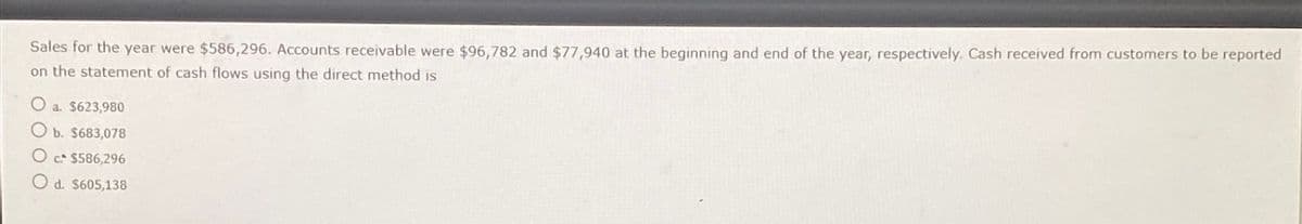 Sales for the year were $586,296. Accounts receivable were $96,782 and $77,940 at the beginning and end of the year, respectively. Cash received from customers to be reported
on the statement of cash flows using the direct method is
a. $623,980
Ob. $683,078
c. $586,296
d. $605,138