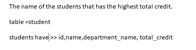 The name of the students that has the highest total credit.
table =student
students have >> id,name,department_name, total_credit
