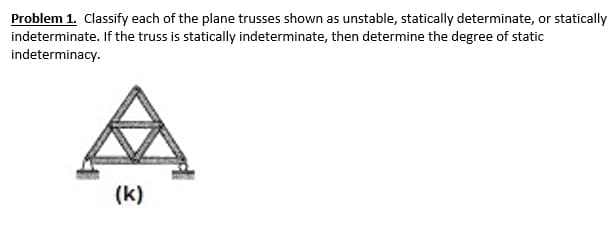 Problem 1. Classify each of the plane trusses shown as unstable, statically determinate, or statically
indeterminate. If the truss is statically indeterminate, then determine the degree of static
indeterminacy.
(k)