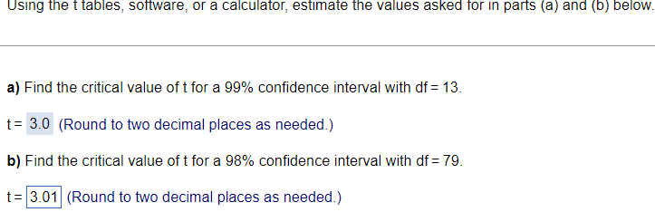 Using the t tables, software, or a calculator, estimate the values asked for in parts (a) and (b) below.
a) Find the critical value of t for a 99% confidence interval with df = 13.
t = 3.0 (Round to two decimal places as needed.)
b) Find the critical value of t for a 98% confidence interval with df = 79.
t = 3.01 (Round to two decimal places as needed.)