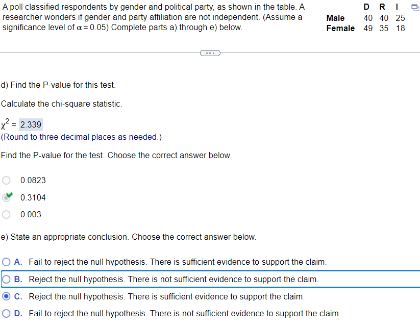 A poll classified respondents by gender and political party, as shown in the table. A
researcher wonders if gender and party affiliation are not independent. (Assume a
significance level of α = 0.05) Complete parts a) through e) below.
d) Find the P-value for this test.
Calculate the chi-square statistic.
x² = 2.339
(Round to three decimal places as needed.)
Find the P-value for the test. Choose the correct answer below.
0.0823
0.3104
0.003
DRIO
40 40 25
Male
Female 49 35 18
e) State an appropriate conclusion. Choose the correct answer below.
O A. Fail to reject the null hypothesis. There is sufficient evidence to support the claim.
B. Reject the null hypothesis. There is not sufficient evidence to support the claim.
C. Reject the null hypothesis. There is sufficient evidence to support the claim.
O D. Fail to reject the null hypothesis. There is not sufficient evidence to support the claim.