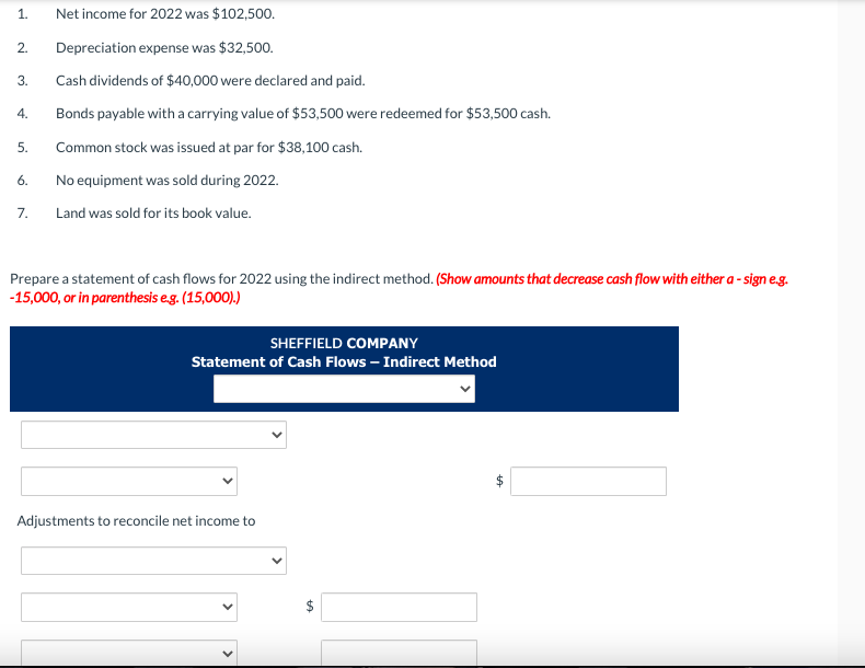 1.
2.
3.
4.
5.
6.
7.
Net income for 2022 was $102,500.
Depreciation expense was $32,500.
Cash dividends of $40,000 were declared and paid.
Bonds payable with a carrying value of $53,500 were redeemed for $53,500 cash.
Common stock was issued at par for $38,100 cash.
No equipment was sold during 2022.
Land was sold for its book value.
Prepare a statement of cash flows for 2022 using the indirect method. (Show amounts that decrease cash flow with either a - sign e.g.
-15,000, or in parenthesis e.g. (15,000).)
SHEFFIELD COMPANY
Statement of Cash Flows - Indirect Method
Adjustments to reconcile net income to
tA
+A