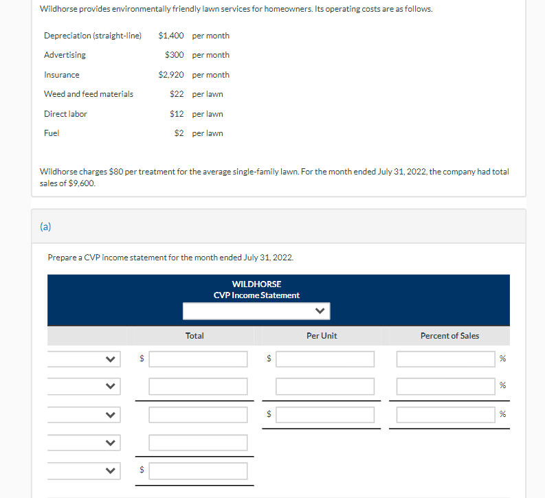Wildhorse provides environmentally friendly lawn services for homeowners. Its operating costs are as follows.
Depreciation (straight-line) $1,400 per month
Advertising
$300
per month
Insurance
$2,920
per month
$22
per lawn
$12
per lawn
$2 per lawn
Weed and feed materials
Direct labor
Fuel
Wildhorse charges $80 per treatment for the average single-family lawn. For the month ended July 31, 2022, the company had total
sales of $9,600.
(a)
Prepare a CVP income statement for the month ended July 31, 2022.
>
>
$
Total
WILDHORSE
CVP Income Statement
$
Per Unit
Percent of Sales
%
do
%
do
%