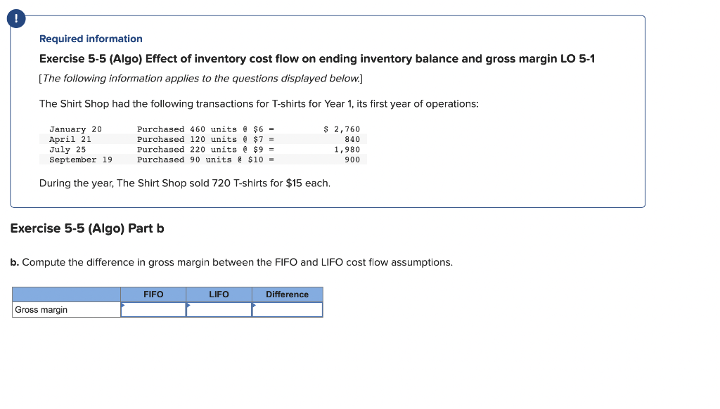 Required information
Exercise 5-5 (Algo) Effect of inventory cost flow on ending inventory balance and gross margin LO 5-1
[The following information applies to the questions displayed below.]
The Shirt Shop had the following transactions for T-shirts for Year 1, its first year of operations:
January 20
April 21
July 25
September 19
Purchased 460 units @ $6 =
Purchased 120 units @ $7 =
Purchased 220 units @ $9 =
Purchased 90 units @ $10 -
$ 2,760
840
1,980
900
During the year, The Shirt Shop sold 720 T-shirts for $15 each.
Exercise 5-5 (Algo) Part b
b. Compute the difference in gross margin between the FIFO and LIFO cost flow assumptions.
Gross margin
FIFO
LIFO
Difference