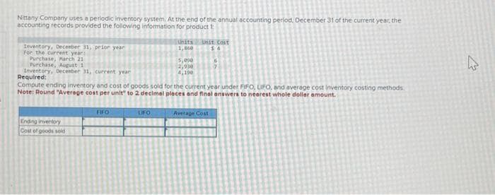 Nittany Company uses a periodic inventory system. At the end of the annual accounting period. December 31 of the current year, the
accounting records provided the following information for product t
Ending inventory
Cost of goods sold
Inventory, December 31, prior year
For the current year:
Purchase, March 21
Purchase, August 1
Inventory, December 31, current year
Required:
Compute ending inventory and cost of goods sold for the current year under FIFO, LIFO, and average cost inventory costing methods.
Note: Round "Average cost per unit" to 2 decimal places and final answers to nearest whole dollar amount.
FIFO
BILE
Units
1,860
LIFO
Unit Cost
$4
5,090
2,930
4,190
Average Cost
6