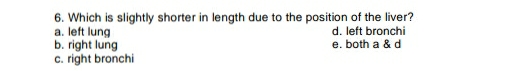 6. Which is slightly shorter in length due to the position of the liver?
a. left lung
b. right lung
c. right bronchi
d. left bronchi
e. both a & d

