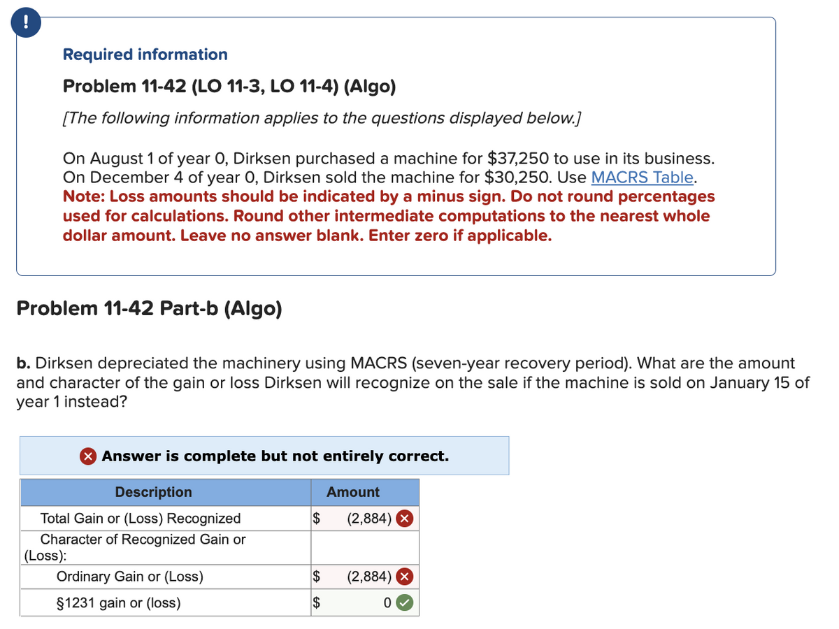 !
Required information
Problem 11-42 (LO 11-3, LO 11-4) (Algo)
[The following information applies to the questions displayed below.]
On August 1 of year 0, Dirksen purchased a machine for $37,250 to use in its business.
On December 4 of year 0, Dirksen sold the machine for $30,250. Use MACRS Table.
Note: Loss amounts should be indicated by a minus sign. Do not round percentages
used for calculations. Round other intermediate computations to the nearest whole
dollar amount. Leave no answer blank. Enter zero if applicable.
Problem 11-42 Part-b (Algo)
b. Dirksen depreciated the machinery using MACRS (seven-year recovery period). What are the amount
and character of the gain or loss Dirksen will recognize on the sale if the machine is sold on January 15 of
year 1 instead?
> Answer is complete but not entirely correct.
Description
Amount
Total Gain or (Loss) Recognized
$
(2,884) X
Character of Recognized Gain or
(Loss):
Ordinary Gain or (Loss)
$
(2,884)
§1231 gain or (loss)
$
0