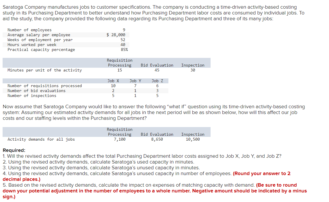 Saratoga Company manufactures jobs to customer specifications. The company is conducting a time-driven activity-based costing
study in its Purchasing Department to better understand how Purchasing Department labor costs are consumed by individual jobs. To
aid the study, the company provided the following data regarding its Purchasing Department and three of its many jobs:
Number of employees
Average salary per employee
Weeks of employment per year
Hours worked per week
Practical capacity percentage
9
$ 28,000
52
40
85%
Minutes per unit of the activity
Requisition
Processing
15
Bid Evaluation
45
Inspection
30
Job X
Job Y
Job Z
Number of requisitions processed
Number of bid evaluations
10
7
6
2
1
3
Number of inspections
5
1
5
Now assume that Saratoga Company would like to answer the following "what if" question using its time-driven activity-based costing
system: Assuming our estimated activity demands for all jobs in the next period will be as shown below, how will this affect our job
costs and our staffing levels within the Purchasing Department?
Activity demands for all jobs
Required:
Requisition
Processing
7,100
Bid Evaluation
8,650
Inspection
10,500
1. Will the revised activity demands affect the total Purchasing Department labor costs assigned to Job X, Job Y, and Job Z?
2. Using the revised activity demands, calculate Saratoga's used capacity in minutes.
3. Using the revised activity demands, calculate Saratoga's unused capacity in minutes.
4. Using the revised activity demands, calculate Saratoga's unused capacity in number of employees. (Round your answer to 2
decimal places.)
5. Based on the revised activity demands, calculate the impact on expenses of matching capacity with demand. (Be sure to round
down your potential adjustment in the number of employees to a whole number. Negative amount should be indicated by a minus
sign.)