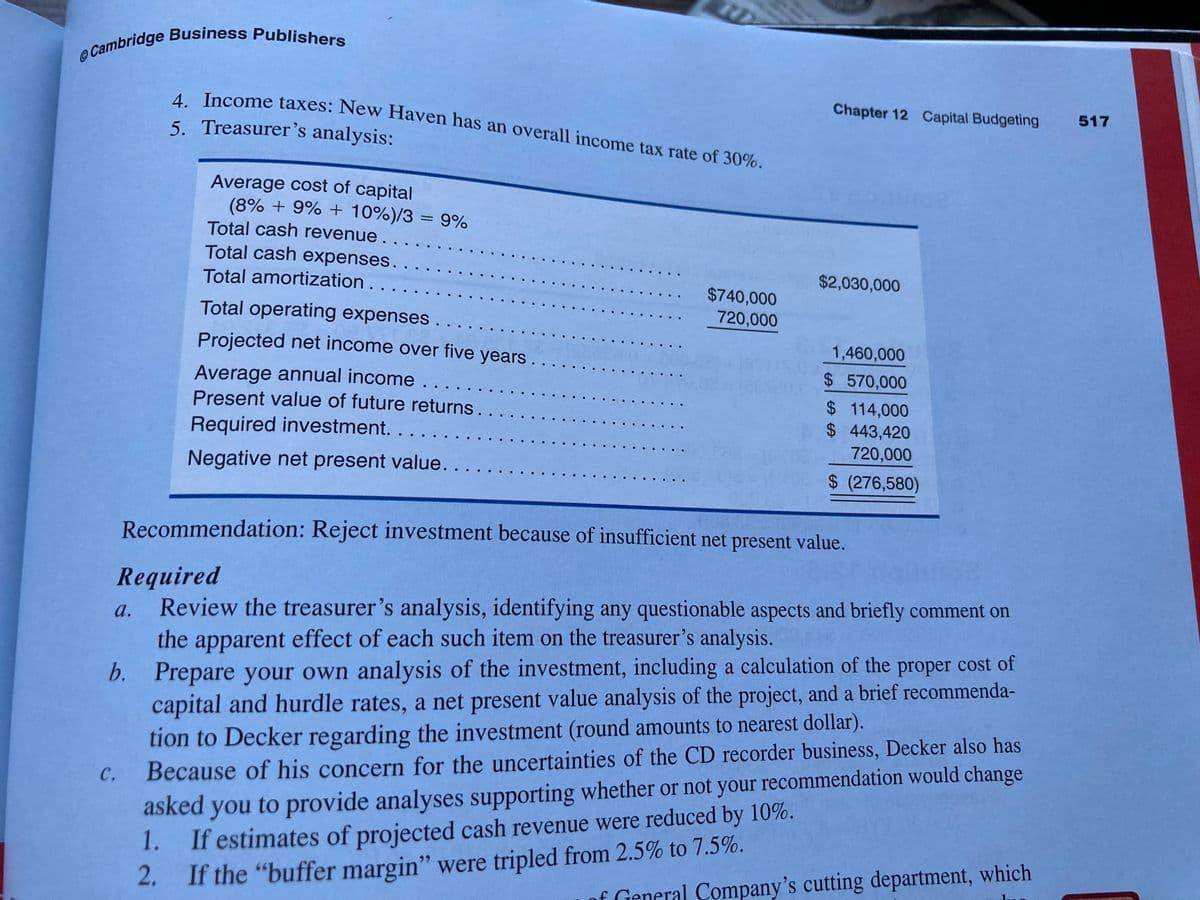 OCambridge Business Publishers
4. Income taxes: New Haven has an overall income tax rate of 30%.
Income taxes: New Haven has an overall income tax rate of 30%.
Chapter 12 Capital Budgeting 517
5. Treasurer's analysis:
Average cost of capital
(8% + 9% + 10%)/3 = 9%
Total cash revenue.
Total cash expenses.
$2,030,000
Total amortization.
$740,000
Total operating expenses .
720,000
Projected net income over five years.
1,460,000
$ 570,000
$ 114,000
$ 443,420
720,000
Average annual income . ...
Present value of future returns.
Required investment. . ..
Negative net present value. .
$(276,580)
Recommendation: Reject investment because of insufficient net present value.
Required
Review the treasurer's analysis, identifying any questionable aspects and briefly comment on
a.
the apparent effect of each such item on the treasurer's analysis.
b. Prepare your own analysis of the investment, including a calculation of the proper cost of
capital and hurdle rates, a net present value analysis of the project, and a brief recommenda-
tion to Decker regarding the investment (round amounts to nearest dollar).
asked you to provide analyses supporting whether or not your recommendation would change
1. If estimates of projected cash revenue were reduced by 10%.
C.
Because of his concern for the uncertainties of the CD recorder business, Decker also has
2. If the "buffer margin" were tripled from 2.5% to 7.5%.
f General Company's cutting department, which
