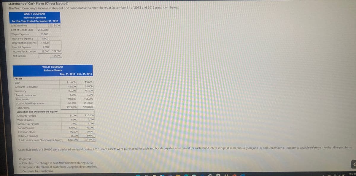 Statement of Cash Flows (Direct Method)
The Wolff Company's income statement and comparative balance sheets at December 31 of 2013 and 2012 are shown below:
WOLFF COMPANY
Income Statement
For the Year Ended December 31, 2013
Sales Revenue
$635,000
Cost of Goods Sold
$430,000
Wages Expense
86,000
Insurance Expense
8,000
Depreciation Expense
17,000
Interest Expense
9,000
Income Tax Expense
29,000 579,000
Net Income
$56,000
WOLFF COMPANY
Balance Sheets
Dec. 31, 2013 Dec. 31, 2012
Assets
Cash
$11,000
$5,000
Accounts Receivable
41,000
32,000
Inventory
90,000
60,000
Prepaid Insurance
5,000
7,000
Plant Assets
250,000
195,000
Accumulated Depreciation
(68,000)
(51,000)
Total Assets
$329.000
$248,000
Liabilities and Stockholders' Equity
Accounts Payable
$7,000
$10,000
9,000
6,000
Wages Payable
Income Tax Payable
7,000
8,000
Bonds Payable
130,000
75,000
Common Stock
90,000
90,000
Retained Earnings
86,000
59,000
Total Liabilities and Stockholders' Equity
$329,000
$248,000
Cash dividends of $29,000 were declared and paid during 2013. Plant assets were purchased for cash and bonds payable were issued for cash. Bond interest is paid semi-annually on June 30 and December 31. Accounts payable relate to merchandise purchases.
Required
a. Calculate the change in cash that occurred during 2013.
b. Prepare a statement of cash flows using the direct method.
C. Compute free cash flow.
1112 P
