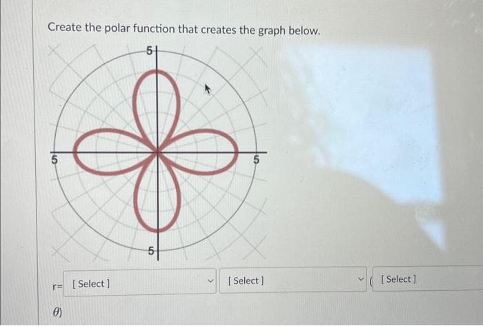 Create the polar function that creates the graph below.
5
r= [Select]
8)
5
[Select]
30
V
[Select]