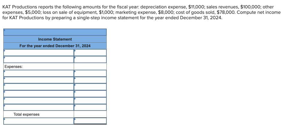 KAT Productions reports the following amounts for the fiscal year: depreciation expense, $11,000; sales revenues, $100,000; other
expenses, $5,000; loss on sale of equipment, $1,000; marketing expense, $8,000; cost of goods sold, $78,000. Compute net income
for KAT Productions by preparing a single-step income statement for the year ended December 31, 2024.
Income Statement
For the year ended December 31, 2024
Expenses:
Total expenses