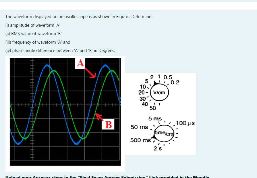 The waveform displayed on an oscilloscope is as shown in Figure . Determine:
(1) amplitude of waveform 'A'
(ii) RMS value of waveform 'B'
(ii) frequency of waveform 'A' and
(iv) phase angle difference between 'A' and 'B' in Degrees.
A
2 1 0.5
,0.2
5
10.
20
30
V/cm
50
5 ms
,100 us
fimeom
50 ms .
500 ms
2s
Unload vour Answers stens in the "Cinal Evam Answer Suh ission"Link provided in the MMoodle
