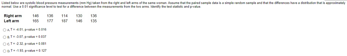 Listed below are systolic blood pressure measurements (mm Hg) taken from the right and left arms of the same woman. Assume that the paired sample data is a simple random sample and that the differences have a distribution that is approximately
normal. Use a 0.01 significance level to test for a difference between the measurements from the two arms. Identify the test statistic and p-value.
Right arm
Left arm
146
165
O A. T = -4.01, p-value = 0.016
O B.T = -3.07, p-value = 0.037
O C. T = -2.32, p-value = 0.081
O D. T = -1.93, p-value = 0.127
136 114
177 187
130 136
146 135