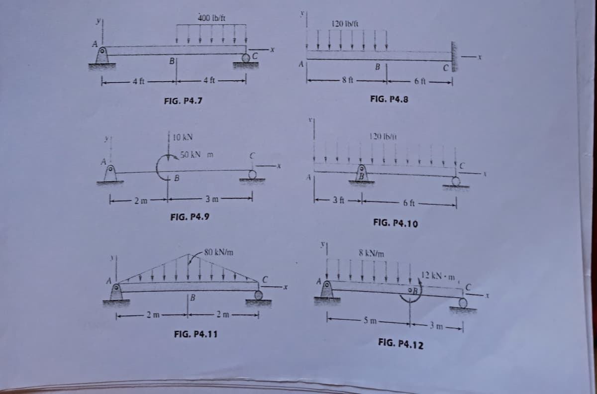 -4 ft
2 m
1
B
FIG. P4.7
10 KN
+B
2 m-
400 lb/ft
-4 ft
50 kN m
3 m
FIG. P4.9
PAPIRO
80 kN/m
2 m
B
FIG. P4.11
120 lb/ft
-8 ft
3 ft
1
B
FIG. P4.8
120 lb/
611-
6 ft-
FIG. P4.10
8 kN/m
5m
12 kN m
OB
FIG. P4.12