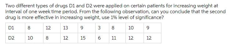 Two different types of drugs D1 and D2 were applied on certain patients for increasing weight at
interval of one week time period. From the following observation, can you conclude that the second
drug is more effective in increasing weight, use 1% level of significance?
D1
12
13
9
8
10
9
D2
10
8
12
15
6
11
12
12
3.
