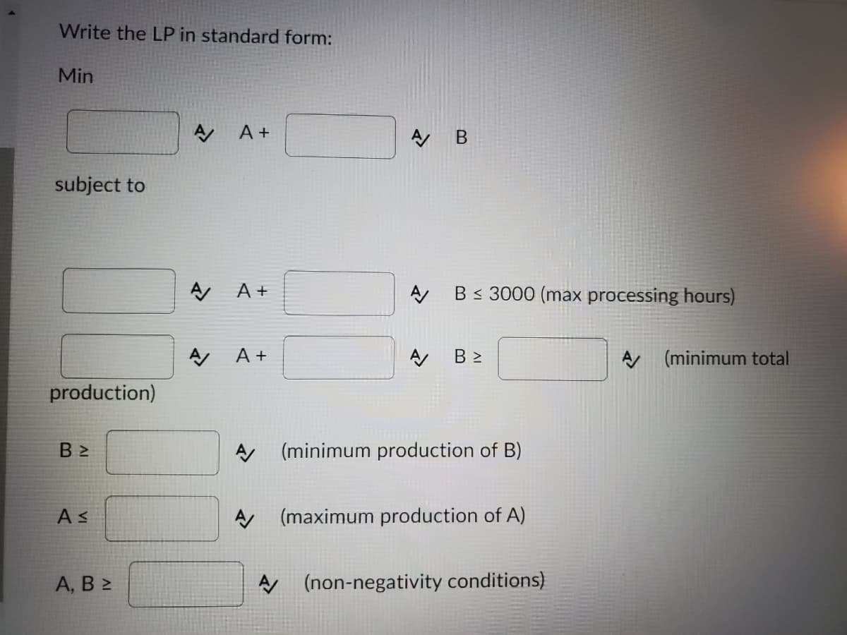 Write the LP in standard form:
Min
A +
A B
subject to
AA A +
B< 3000 (max processing hours)
A +
В >
A (minimum total
production)
A (minimum production of B)
A s
A (maximum production of A)
А, В
A (non-negativity conditions)
