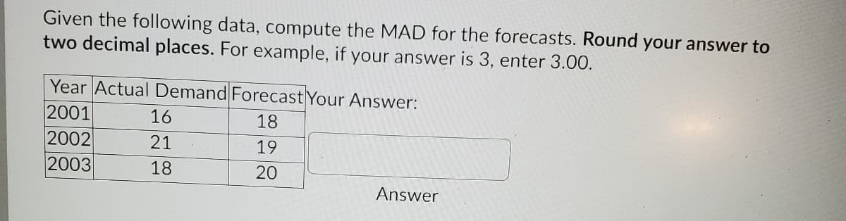 Given the following data, compute the MAD for the forecasts. Round your answer to
two decimal places. For example, if your answer is 3, enter 3.00.
Year Actual Demand Forecast Your Answer:
2001
16
18
2002
21
19
2003
18
20
Answer
